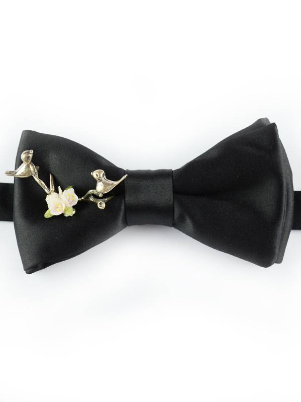 Papillon Nero con Uccelli in Argento e Ceramica - Papillon Italiano handmade - made in italy - moda uomo - shop online - fatto a mano - accessorio uomo - Luxury Edition - Bow Ties - 0097