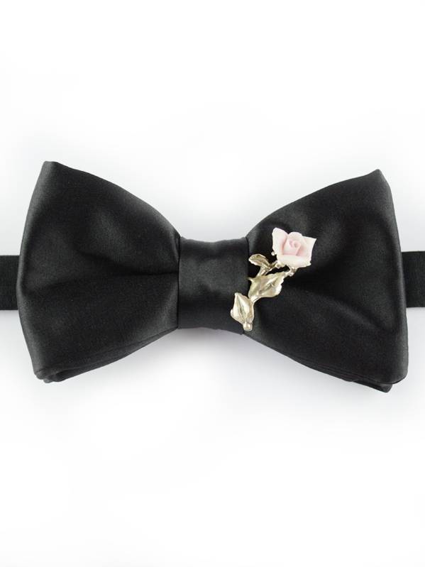 Papillon Nero con Rosa in Argento e Ceramica - Papillon Italiano handmade - made in italy - moda uomo - shop online - fatto a mano - accessorio uomo - Luxury Edition - Bow Ties - 0096